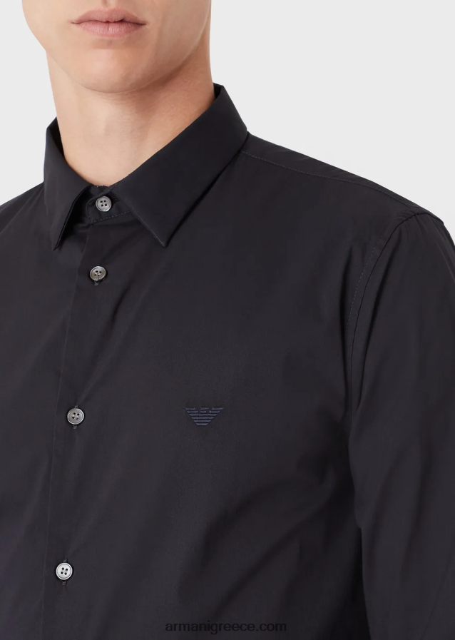 άνδρες Armani ελαστικό πουκάμισο από νάιλον μείγμα με κεντημένο αετό 4046R61103 μεσάνυχτα μπλε