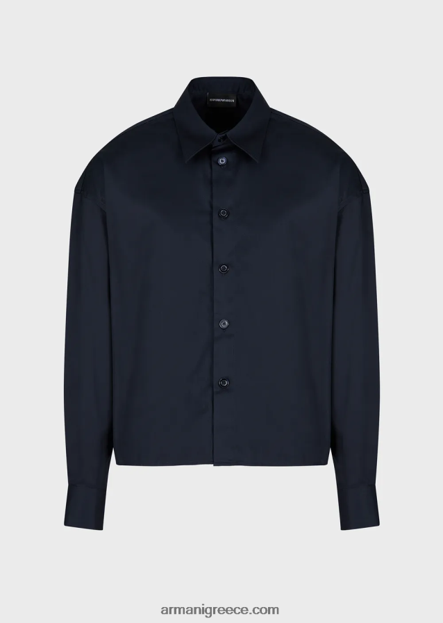 άνδρες Armani Πουκάμισο με ασύμμετρο στρίφωμα από ελαφρύ βαμβακερό σατέν 4046R61110 ναυτικό μπλε