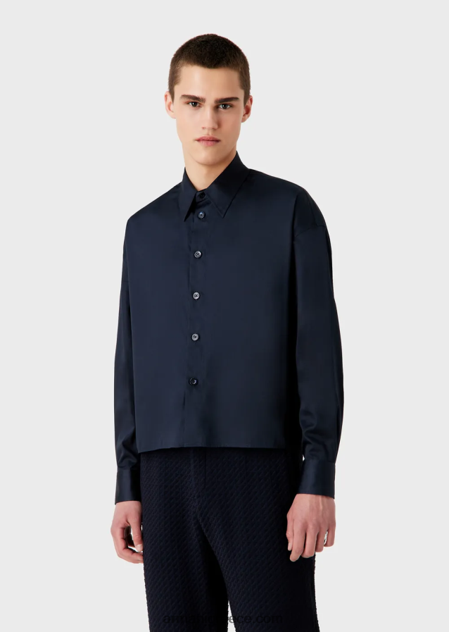 άνδρες Armani Πουκάμισο με ασύμμετρο στρίφωμα από ελαφρύ βαμβακερό σατέν 4046R61110 ναυτικό μπλε