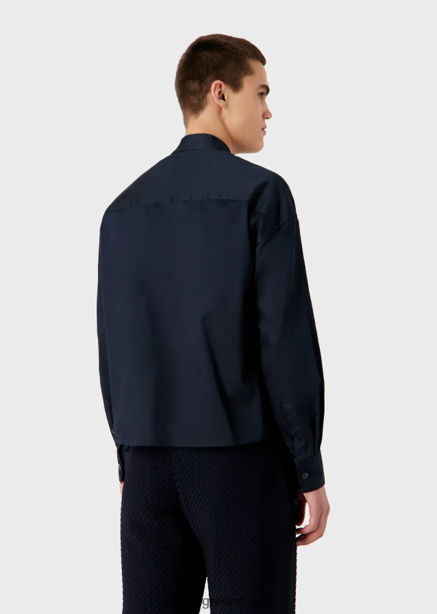 άνδρες Armani Πουκάμισο με ασύμμετρο στρίφωμα από ελαφρύ βαμβακερό σατέν 4046R61110 ναυτικό μπλε
