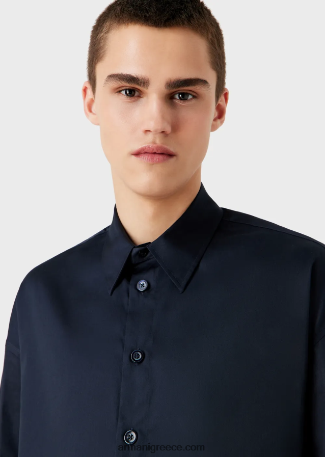 άνδρες Armani Πουκάμισο με ασύμμετρο στρίφωμα από ελαφρύ βαμβακερό σατέν 4046R61110 ναυτικό μπλε