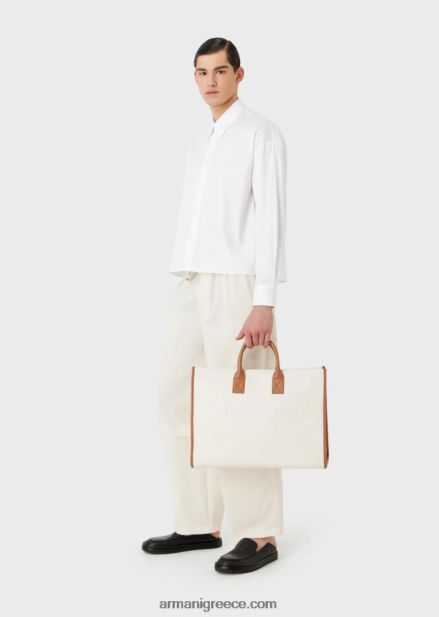 άνδρες Armani Πουκάμισο με ασύμμετρο στρίφωμα από ελαφρύ βαμβακερό σατέν 4046R61111 άσπρο