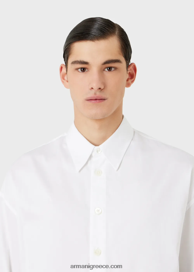 άνδρες Armani Πουκάμισο με ασύμμετρο στρίφωμα από ελαφρύ βαμβακερό σατέν 4046R61111 άσπρο