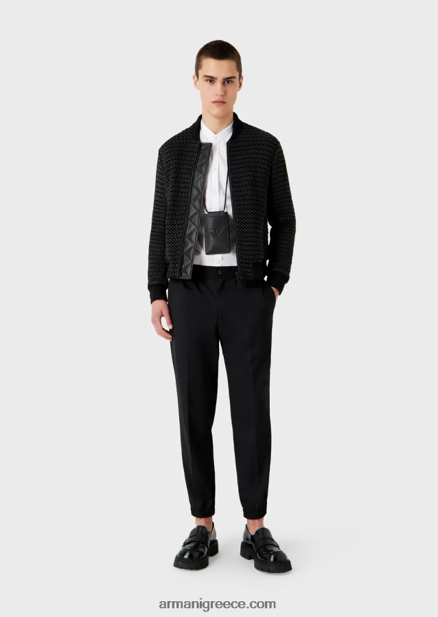 άνδρες Armani πουκάμισο σε κάθετο γεωμετρικό σχέδιο ζακάρ με γιακά γκουρού 4046R61112 άσπρο