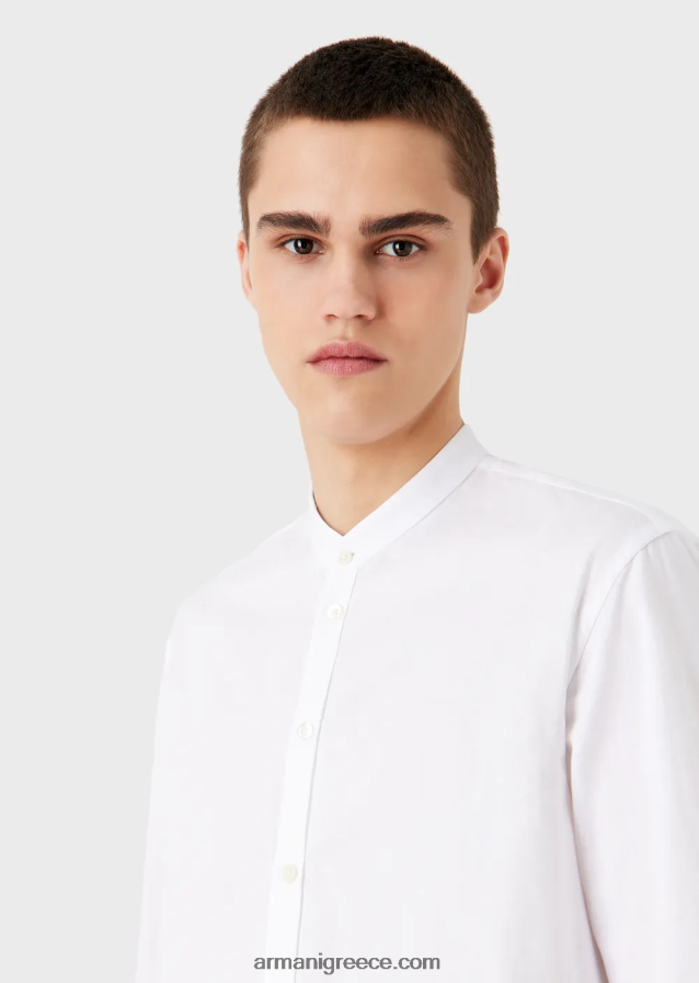 άνδρες Armani πουκάμισο σε κάθετο γεωμετρικό σχέδιο ζακάρ με γιακά γκουρού 4046R61112 άσπρο
