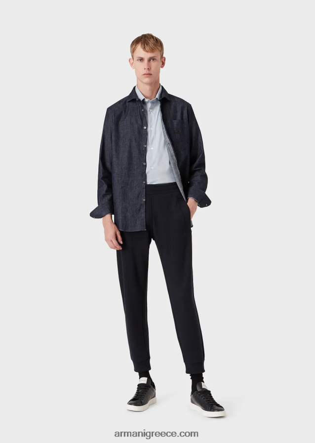 άνδρες Armani κοντομάνικο, ελαστικό πουκάμισο από μείγμα νάιλον 4046R61119 γαλανός