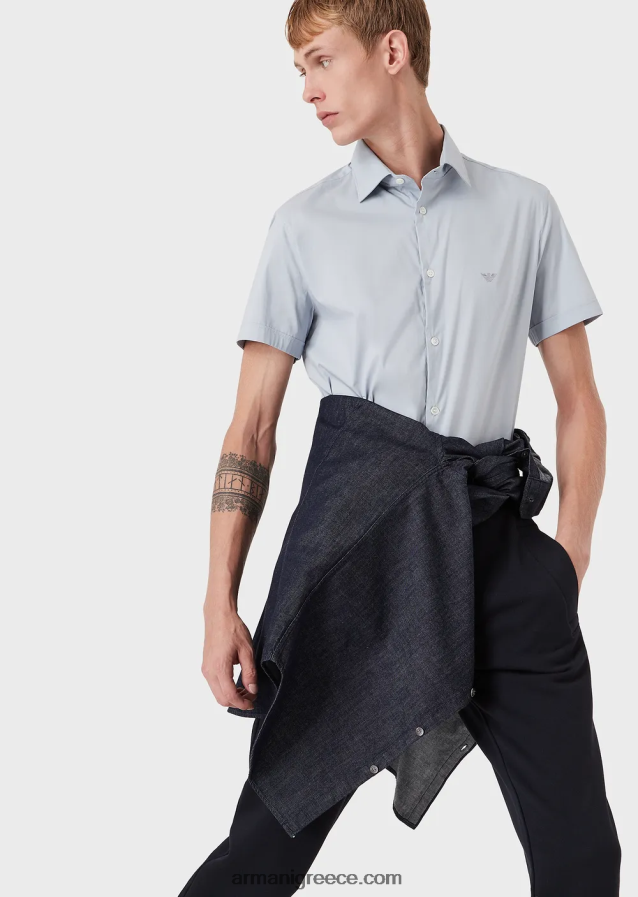 άνδρες Armani κοντομάνικο, ελαστικό πουκάμισο από μείγμα νάιλον 4046R61119 γαλανός