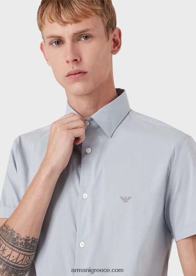 άνδρες Armani κοντομάνικο, ελαστικό πουκάμισο από μείγμα νάιλον 4046R61119 γαλανός