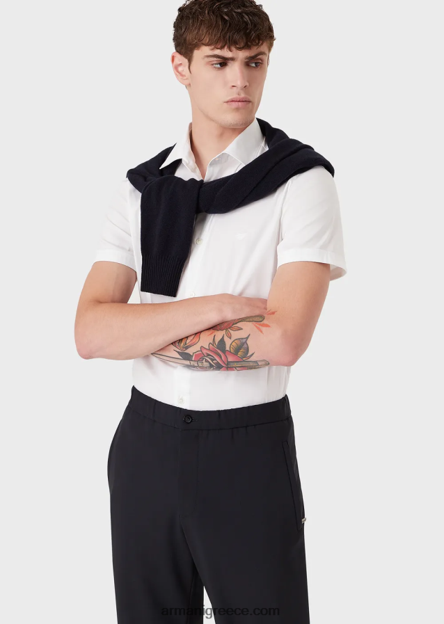 άνδρες Armani κοντομάνικο, ελαστικό πουκάμισο από μείγμα νάιλον 4046R61120 άσπρο