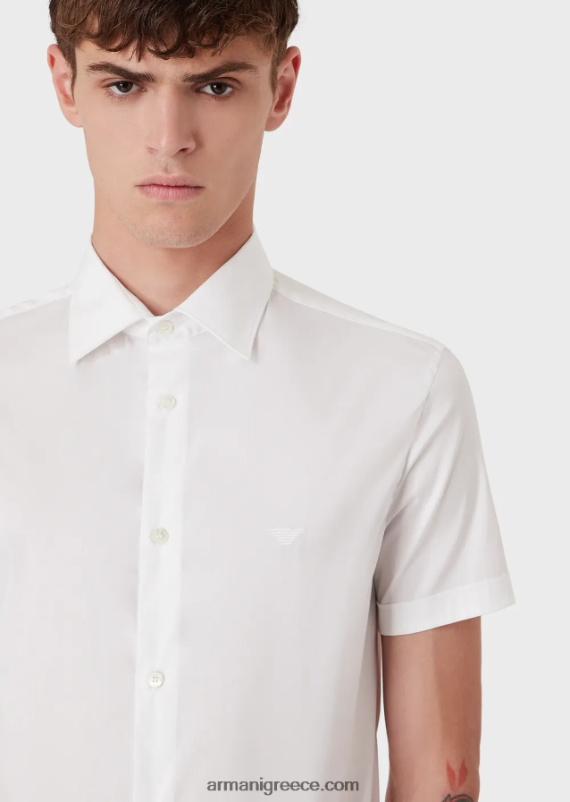 άνδρες Armani κοντομάνικο, ελαστικό πουκάμισο από μείγμα νάιλον 4046R61120 άσπρο