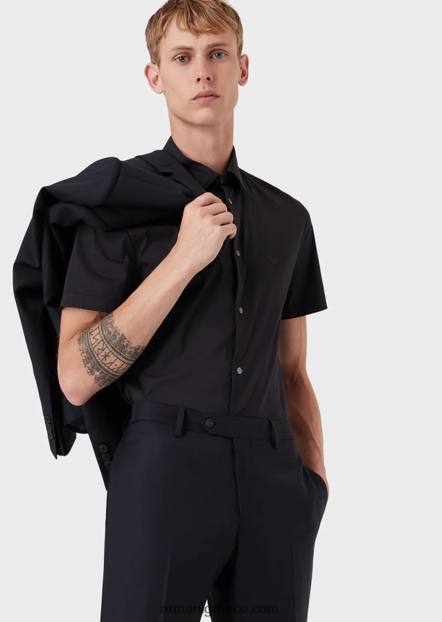 άνδρες Armani κοντομάνικο, ελαστικό πουκάμισο από μείγμα νάιλον 4046R61122 μεσάνυχτα μπλε