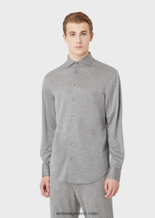 άνδρες Armani πουκάμισο ζέρσεϊ με ανάμειξη μαλλί από ευκάλυπτο 4046R61124 γκρί