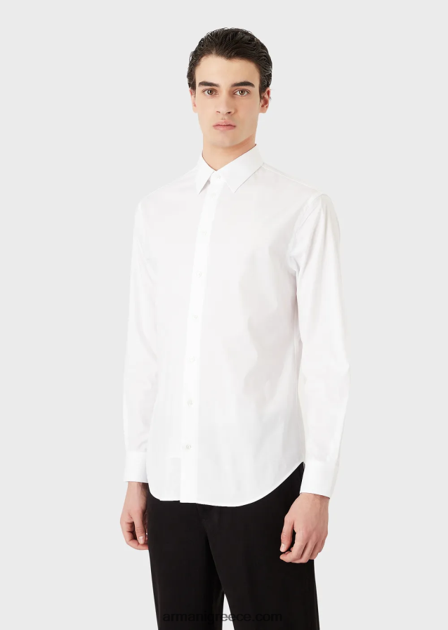 άνδρες Armani μοντέρνο, ελαστικό πουκάμισο από ποπλίνα με σκληρό γιακά 4046R61127 άσπρο