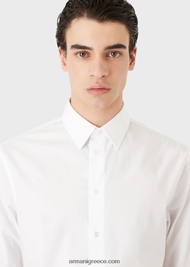 άνδρες Armani μοντέρνο, ελαστικό πουκάμισο από ποπλίνα με σκληρό γιακά 4046R61127 άσπρο