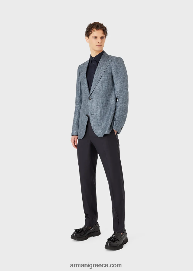 άνδρες Armani μοντέρνο, ελαστικό πουκάμισο από ποπλίνα με σκληρό γιακά 4046R61128 γαλανός