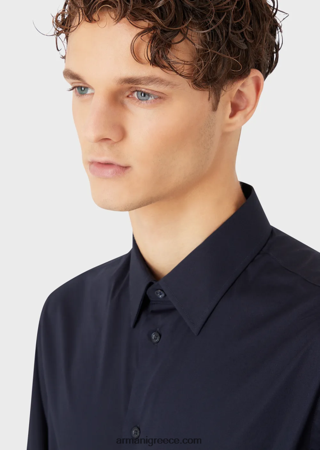 άνδρες Armani μοντέρνο, ελαστικό πουκάμισο από ποπλίνα με σκληρό γιακά 4046R61128 γαλανός