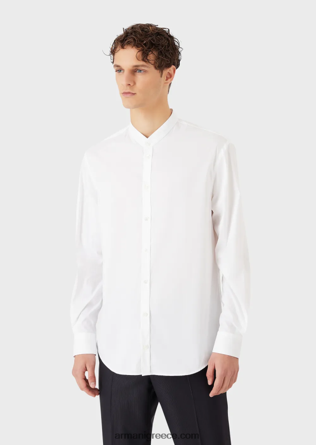 άνδρες Armani Σατέν πουκάμισο με γιακά γκουρού, μοντέρνα εφαρμογή 4046R61143 άσπρο