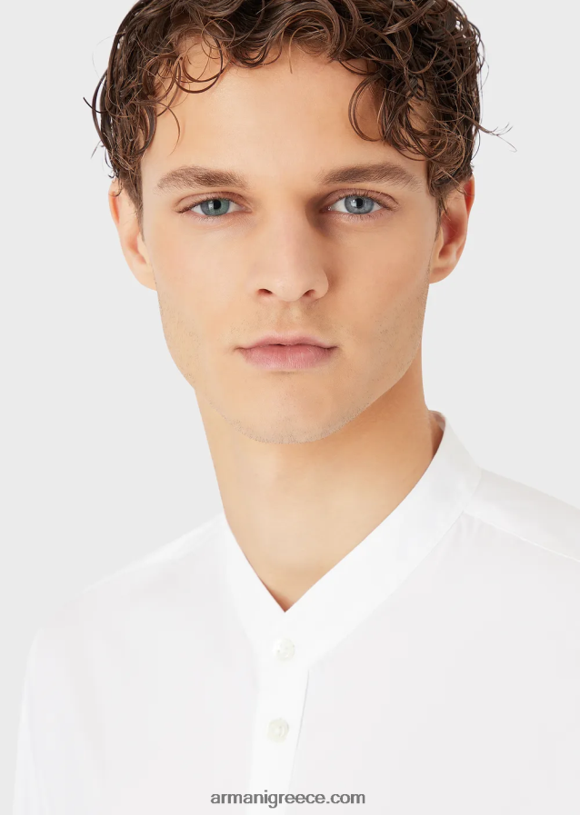 άνδρες Armani Σατέν πουκάμισο με γιακά γκουρού, μοντέρνα εφαρμογή 4046R61143 άσπρο