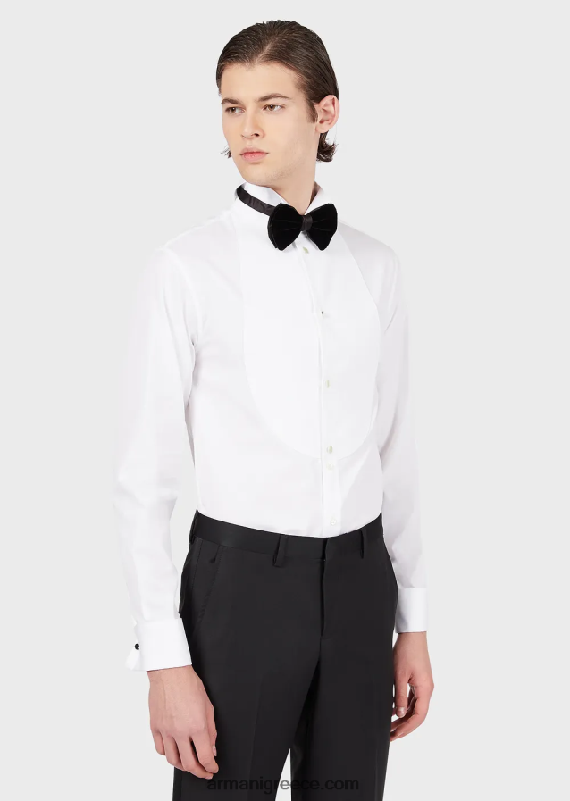 άνδρες Armani Ποπλίνα πουκάμισο με σαλιάρα μπροστά σε κυψελοειδή ύφανση 4046R61147 άσπρο