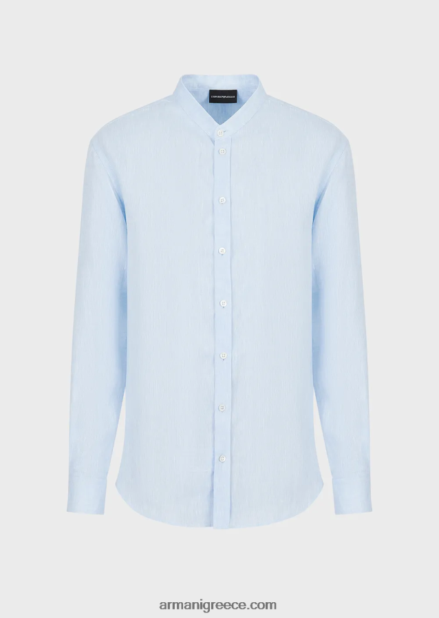 άνδρες Armani λινό chambray πουκάμισο με γιακά γκουρού 4046R61098 γαλανός
