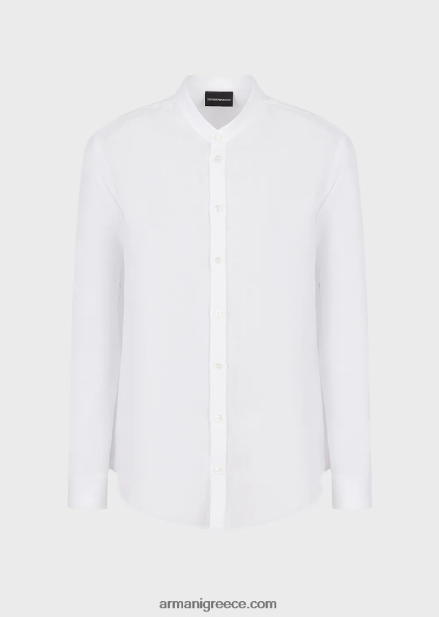 άνδρες Armani λινό chambray πουκάμισο με γιακά γκουρού 4046R61099 άσπρο