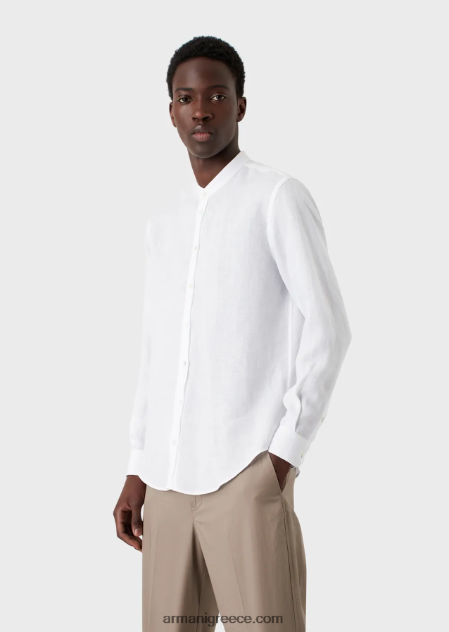 άνδρες Armani λινό chambray πουκάμισο με γιακά γκουρού 4046R61099 άσπρο