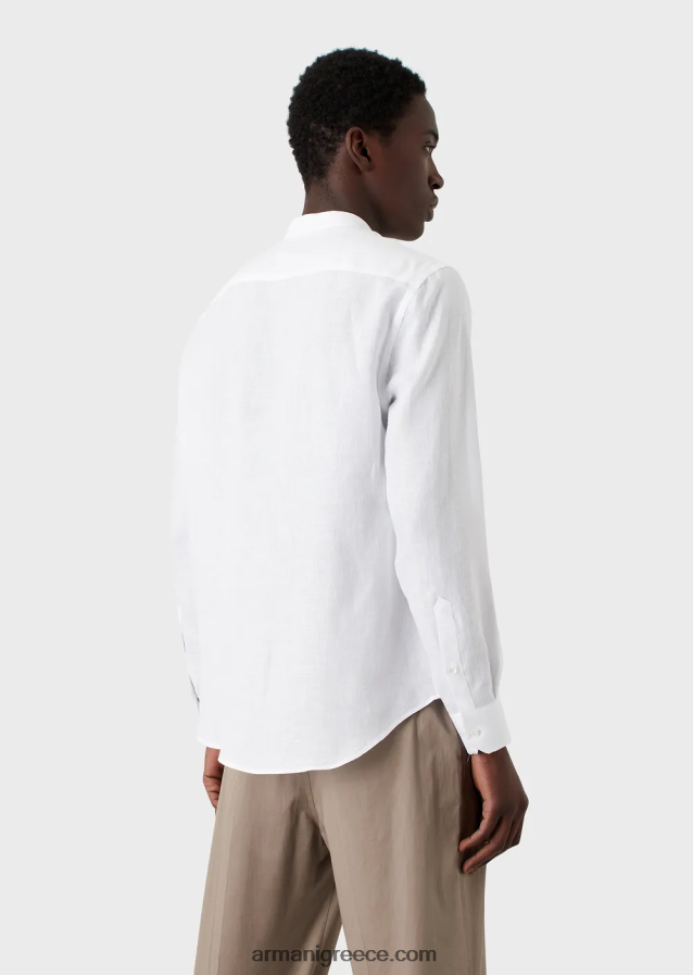 άνδρες Armani λινό chambray πουκάμισο με γιακά γκουρού 4046R61099 άσπρο