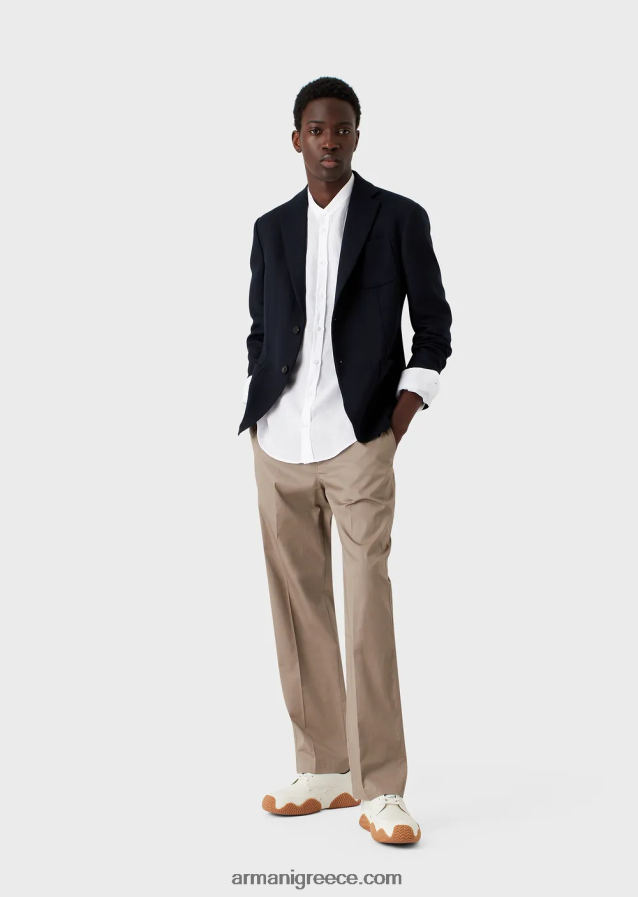 άνδρες Armani λινό chambray πουκάμισο με γιακά γκουρού 4046R61099 άσπρο