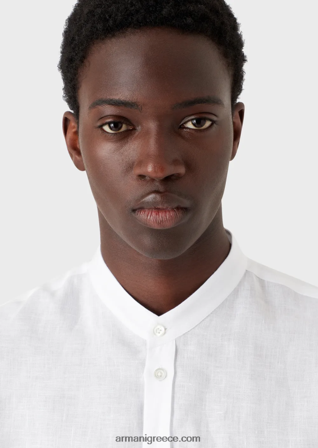 άνδρες Armani λινό chambray πουκάμισο με γιακά γκουρού 4046R61099 άσπρο