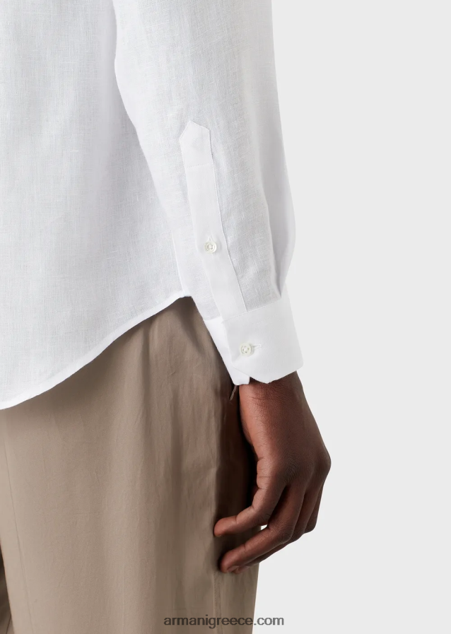 άνδρες Armani λινό chambray πουκάμισο με γιακά γκουρού 4046R61099 άσπρο