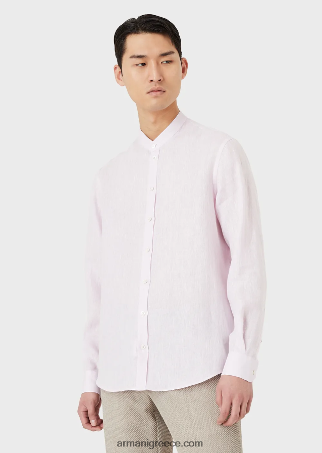 άνδρες Armani μοντέρνα εφαρμογή, λινό chambray, πουκάμισο με γιακά γκουρού 4046R61139 ροζ