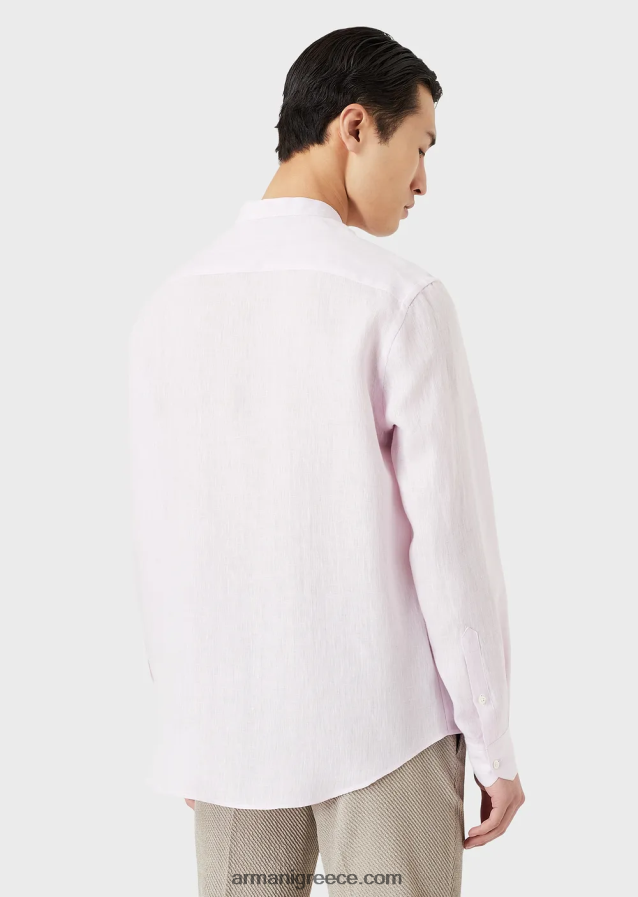 άνδρες Armani μοντέρνα εφαρμογή, λινό chambray, πουκάμισο με γιακά γκουρού 4046R61139 ροζ