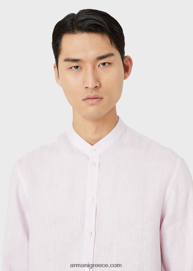 άνδρες Armani μοντέρνα εφαρμογή, λινό chambray, πουκάμισο με γιακά γκουρού 4046R61139 ροζ