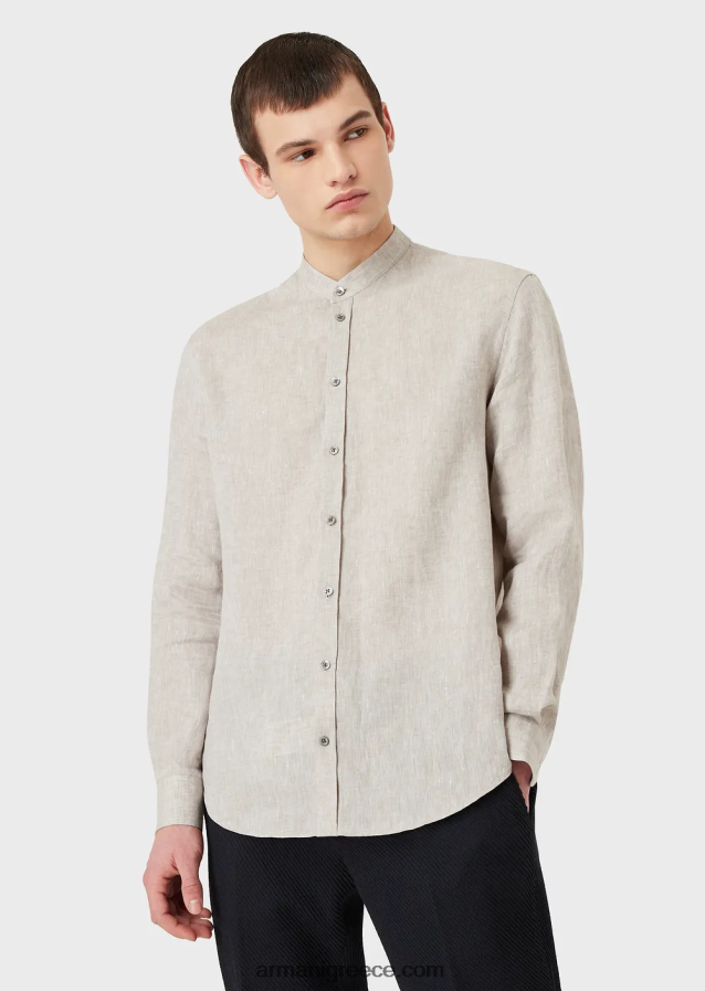 άνδρες Armani μοντέρνα εφαρμογή, λινό chambray, πουκάμισο με γιακά γκουρού 4046R61140