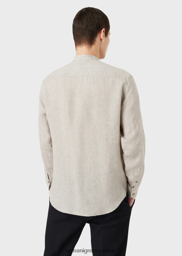 άνδρες Armani μοντέρνα εφαρμογή, λινό chambray, πουκάμισο με γιακά γκουρού 4046R61140