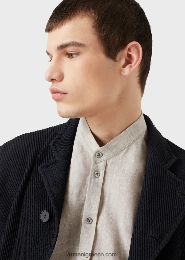 άνδρες Armani μοντέρνα εφαρμογή, λινό chambray, πουκάμισο με γιακά γκουρού 4046R61140