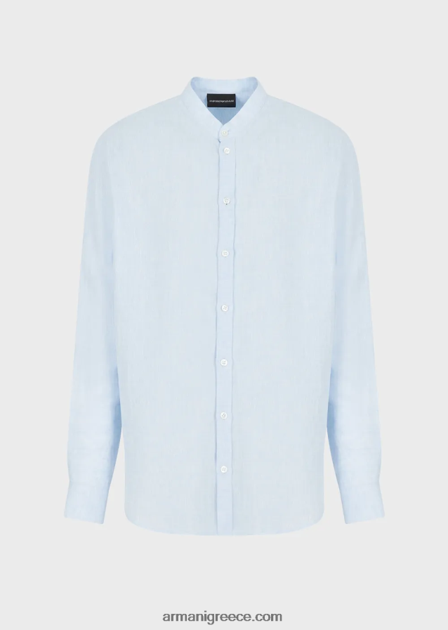 άνδρες Armani μοντέρνα εφαρμογή, λινό chambray, πουκάμισο με γιακά γκουρού 4046R61141 γαλανός