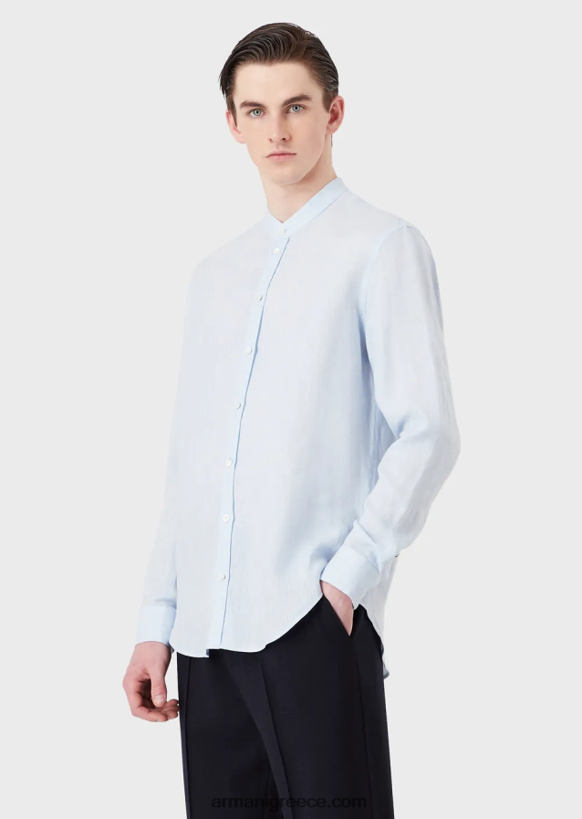 άνδρες Armani μοντέρνα εφαρμογή, λινό chambray, πουκάμισο με γιακά γκουρού 4046R61141 γαλανός