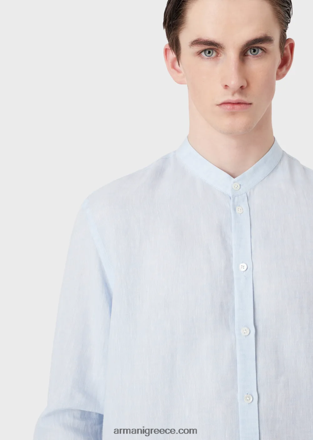 άνδρες Armani μοντέρνα εφαρμογή, λινό chambray, πουκάμισο με γιακά γκουρού 4046R61141 γαλανός