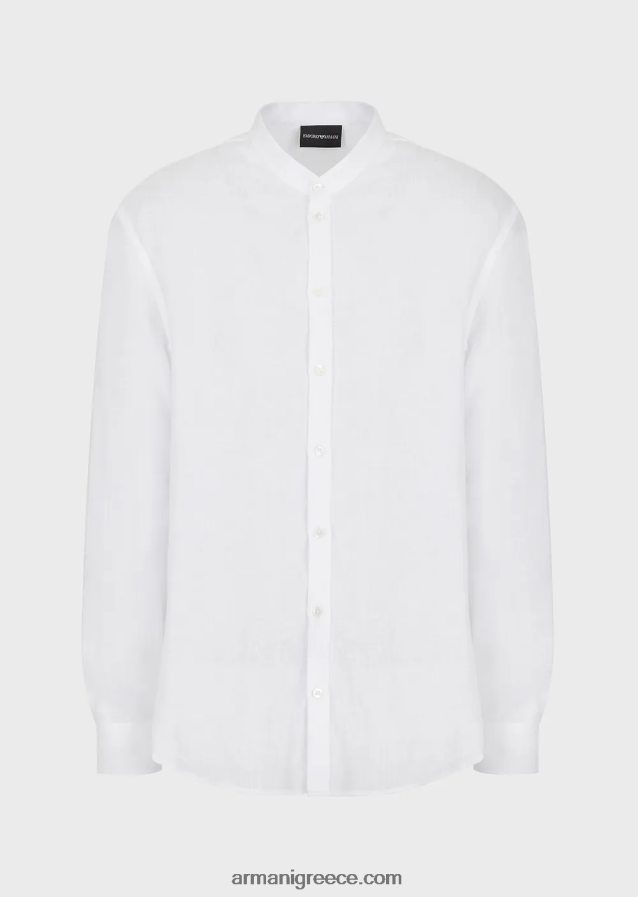 άνδρες Armani μοντέρνα εφαρμογή, λινό chambray, πουκάμισο με γιακά γκουρού 4046R61142 άσπρο