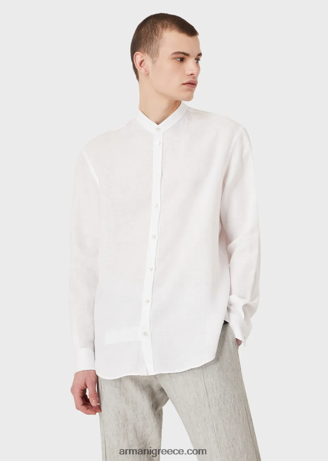 άνδρες Armani μοντέρνα εφαρμογή, λινό chambray, πουκάμισο με γιακά γκουρού 4046R61142 άσπρο