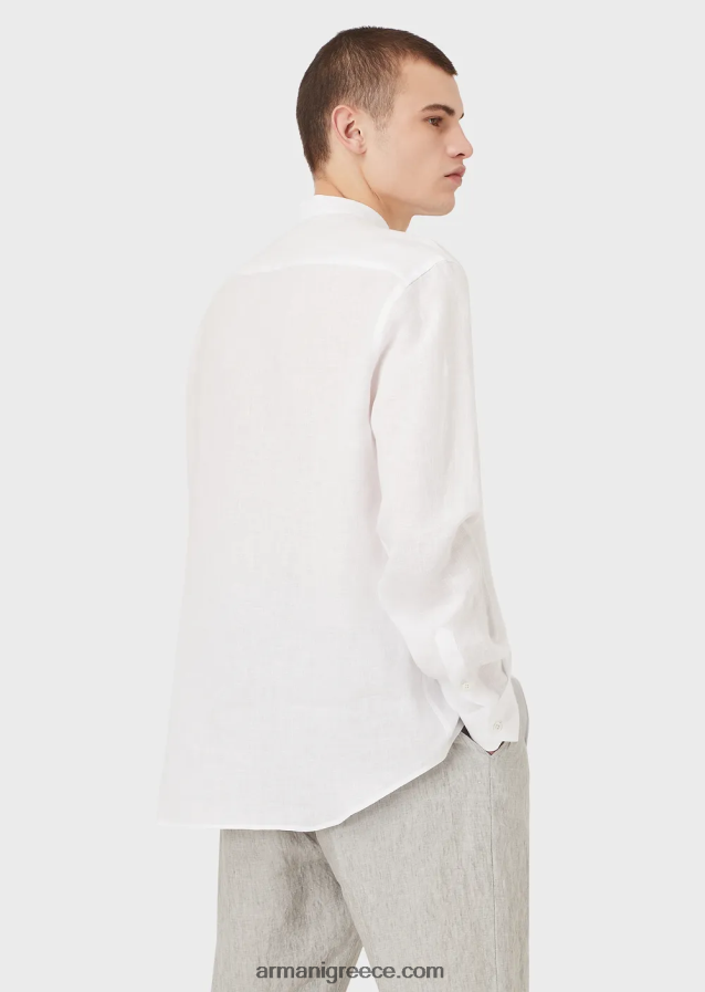 άνδρες Armani μοντέρνα εφαρμογή, λινό chambray, πουκάμισο με γιακά γκουρού 4046R61142 άσπρο