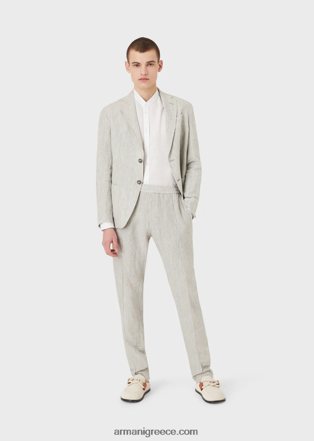 άνδρες Armani μοντέρνα εφαρμογή, λινό chambray, πουκάμισο με γιακά γκουρού 4046R61142 άσπρο