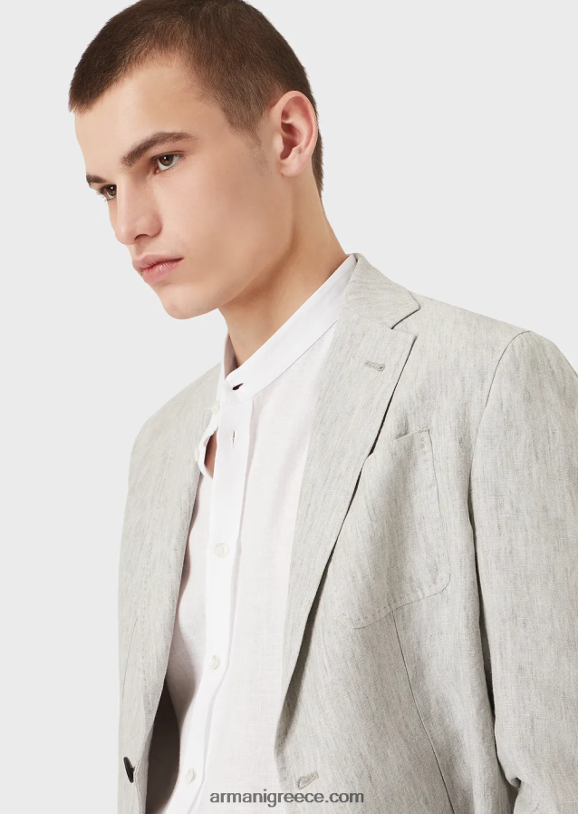 άνδρες Armani μοντέρνα εφαρμογή, λινό chambray, πουκάμισο με γιακά γκουρού 4046R61142 άσπρο