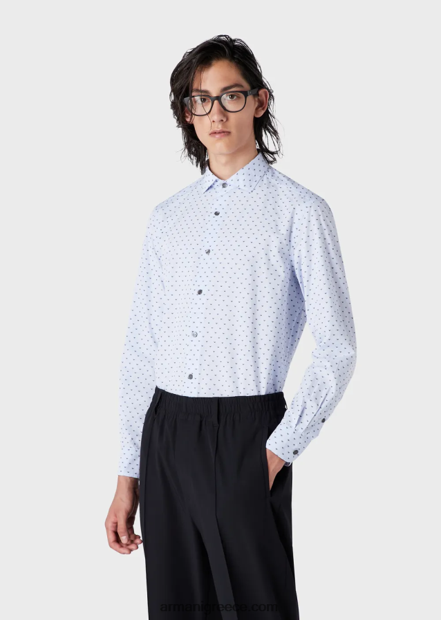 άνδρες Armani fil coupe βαμβακερό πουκάμισο με ζακάρ micro eagle 4046R61070 γαλανός