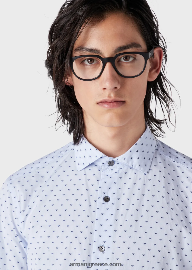 άνδρες Armani fil coupe βαμβακερό πουκάμισο με ζακάρ micro eagle 4046R61070 γαλανός