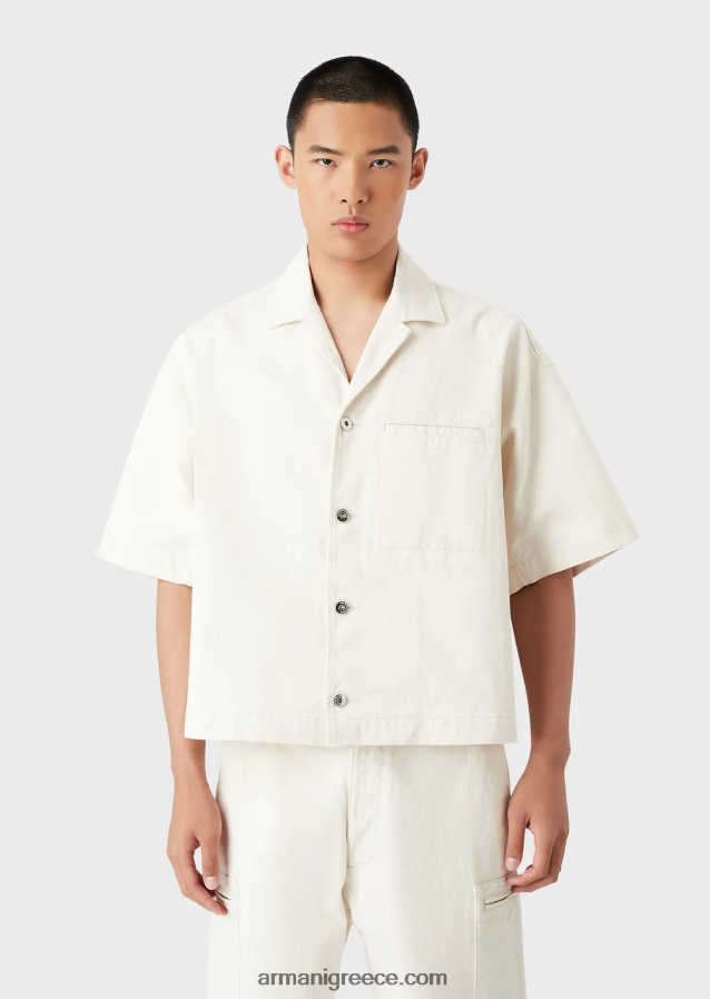 άνδρες Armani κοντομάνικο τζιν μπλουζόν με κέντημα l'amour 4046R61085 γαλακτώδες λευκό