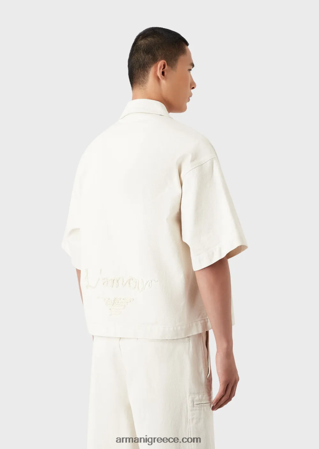 άνδρες Armani κοντομάνικο τζιν μπλουζόν με κέντημα l'amour 4046R61085 γαλακτώδες λευκό
