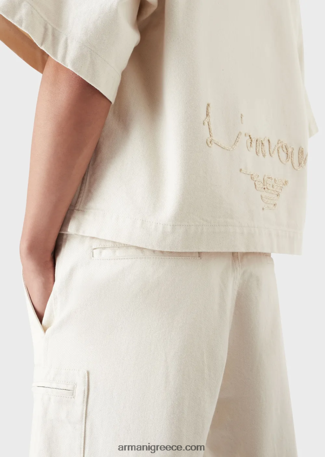 άνδρες Armani κοντομάνικο τζιν μπλουζόν με κέντημα l'amour 4046R61085 γαλακτώδες λευκό