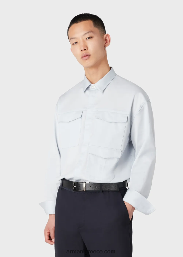 άνδρες Armani ελαφρύ σατέν πουκάμισο lyocell με τσέπες 4046R61073 γαλανός